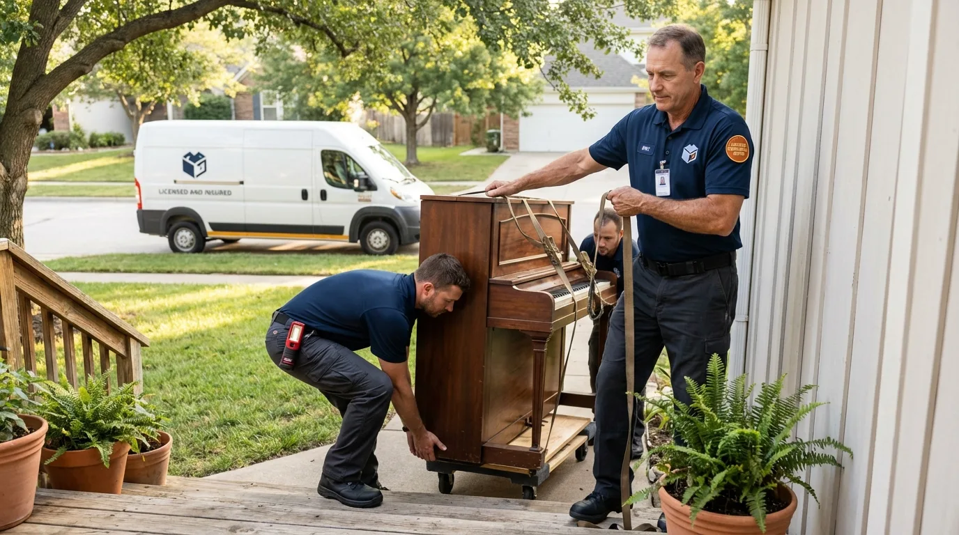 Licensed piano movers securing grand piano in Plainfield, IN