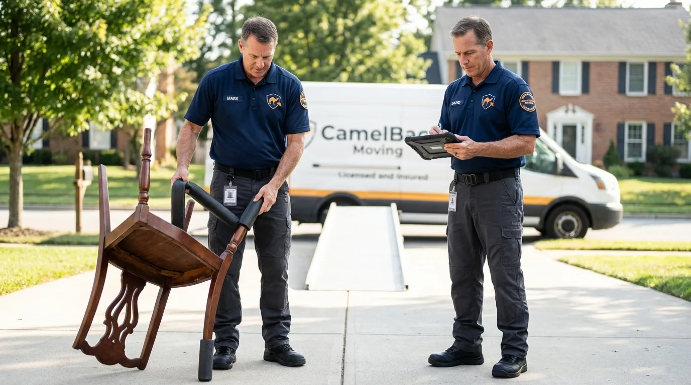 Movers inspecting furniture for damage prevention before loading in Plainfield, IN