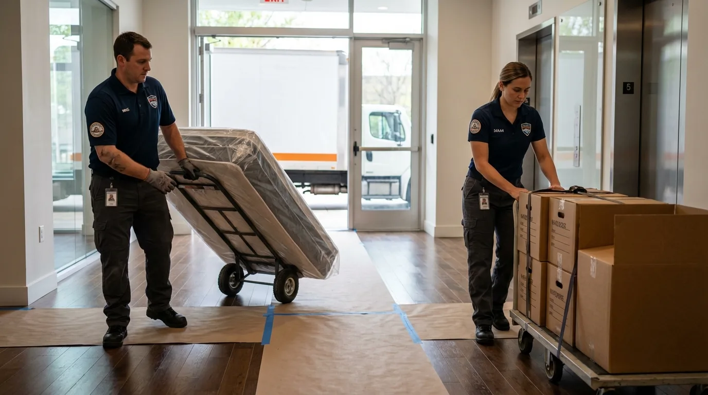 Professional apartment movers loading elevator in Plainfield, IN